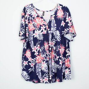 Allegrace Womens Floral Short Sleeve Casual Top Size 3X‎ Tropical Feminine
